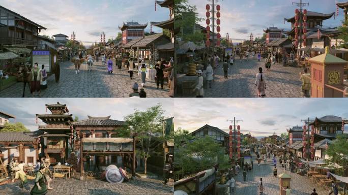 4K古代集市三维古街古镇街道古代商业街