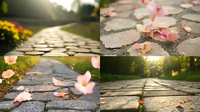 被风吹散的花瓣洒落在石板小径上