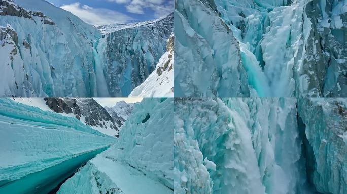 雪山融化时溪水流过的冰川裂缝