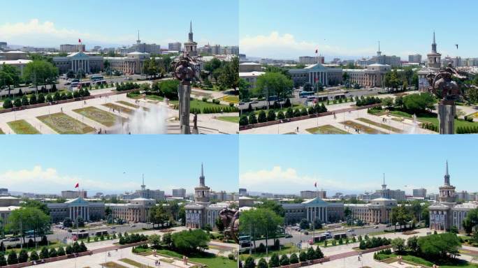 吉尔吉斯斯坦的比什凯克市政厅和玛纳斯雕像