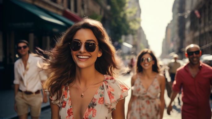 时尚街头的愉快漫步