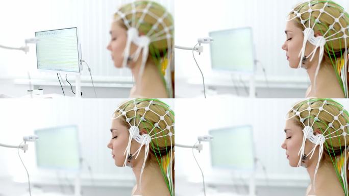一名年轻女子在现代诊所接受脑电图测试，展示了先进的医疗技术和病人护理。理想的突出现代诊断程序和医疗保