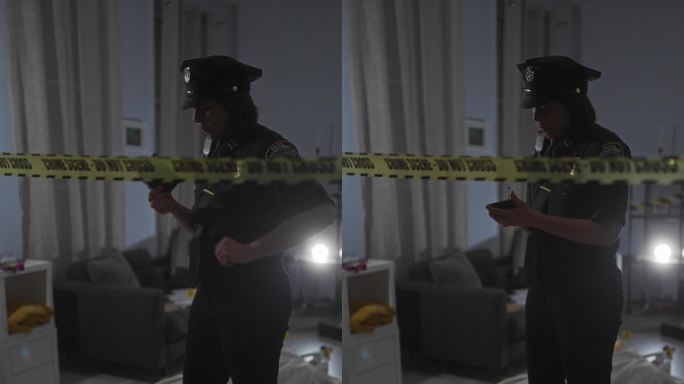 西班牙裔女警官在室内用胶带、血迹和标记的线索分析犯罪现场证据。