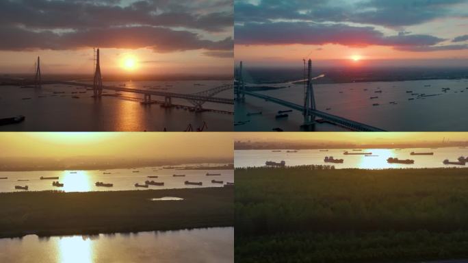 夕阳下的常泰大桥航拍4k