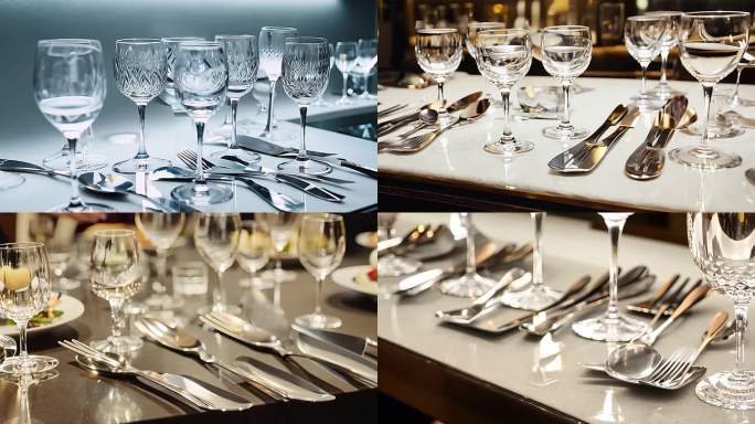 餐具店展示的水晶玻璃酒杯与银质餐具组合
