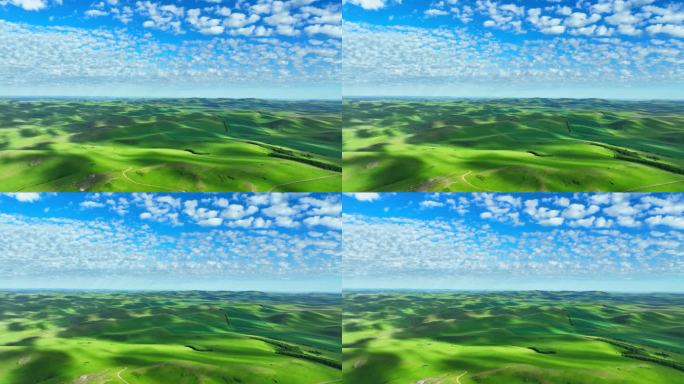 航拍辽阔绿色草原云景