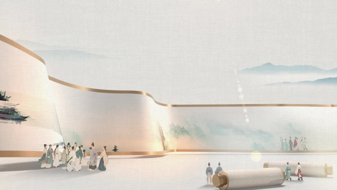 极简4K青色山水卷轴水墨中国风国画片头