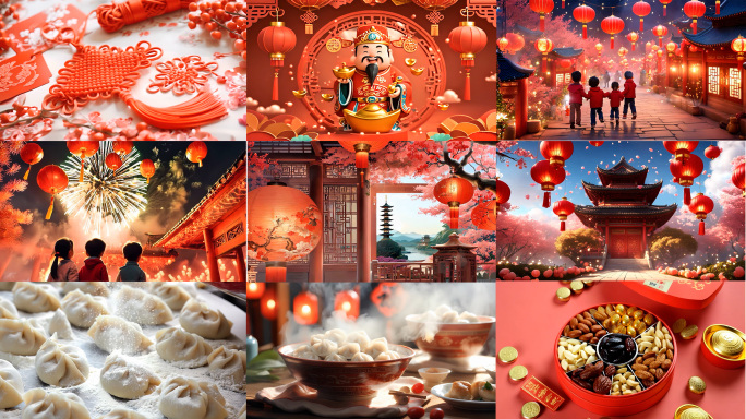 新年喜庆礼花饺子孩童中国结中国古建仙境