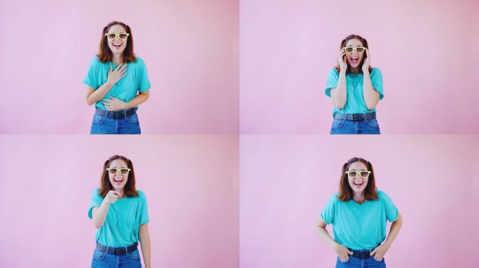 一位美丽的黑发女郎戴着3D眼镜看电影，她的脸上充满了兴奋，因为她经历了从惊喜到快乐的各种情绪，这是一