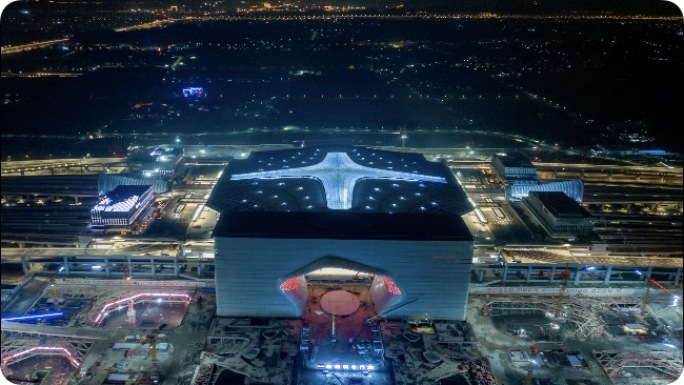 航拍杭州火车西站夜景 云门施工工地