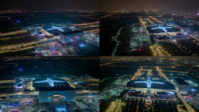 航拍杭州火车西站夜景 云门施工工地