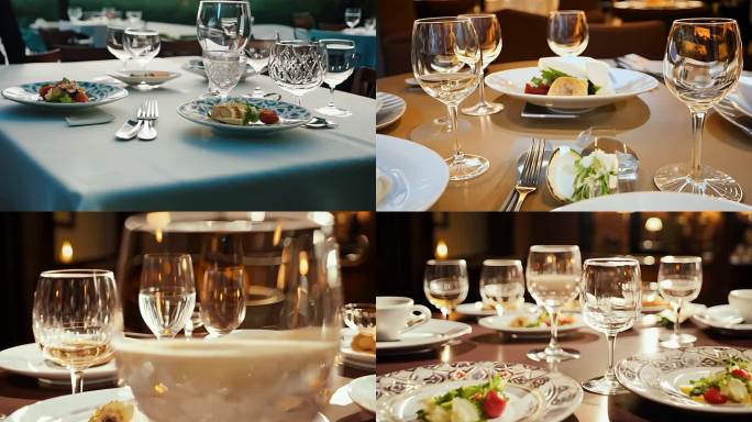 餐厅里摆放的玻璃杯与陶瓷餐具整齐摆放