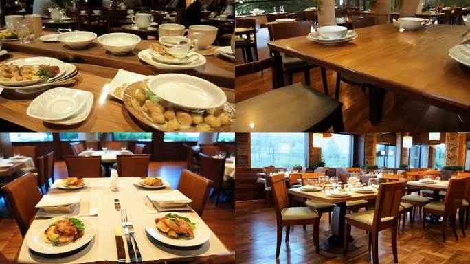餐厅展示的木质餐桌与陶瓷餐具整齐陈列