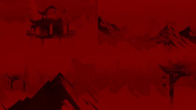 红色水墨古建筑剪影v1