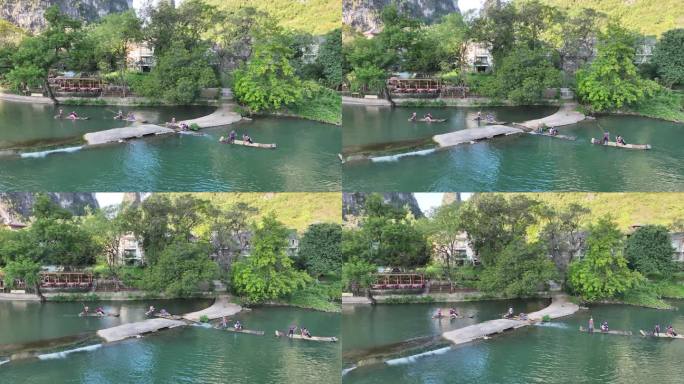 航拍广西桂林阳朔遇龙河人工竹筏