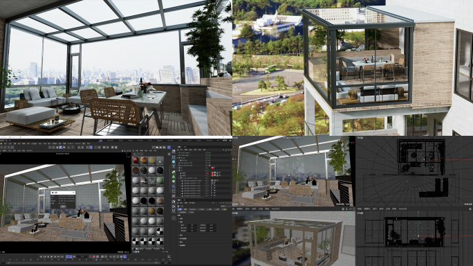 C4D 现代露台 阳台 阳光房 玻璃房