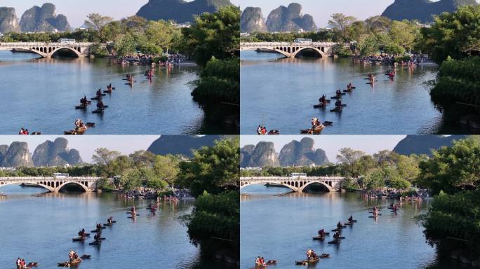 航拍广西桂林阳朔遇龙河人工竹筏