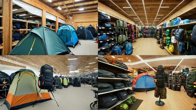 户外运动店里的登山背包与防水帐篷套装