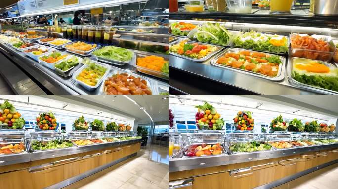 自助餐厅里的沙拉与冷饮区整齐陈列