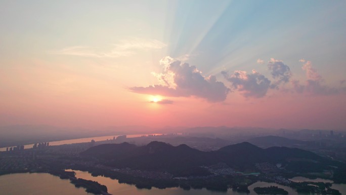 杭州湘湖日落夕阳风景航拍