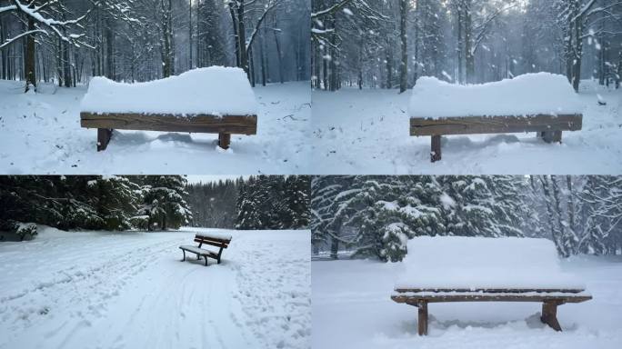 被遗忘的木质长椅上落满了厚厚的积雪