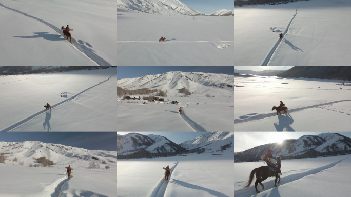 新疆阿勒泰美丽峰雪山骑马航拍