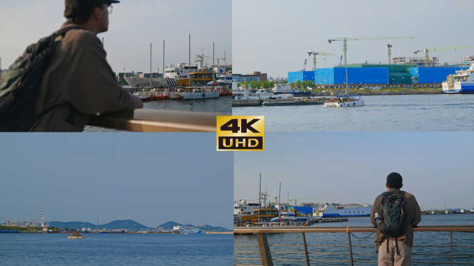 孤独男人看海边轮船看邮轮男人发呆烟台芝罘