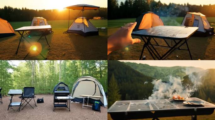 露营区的户外折叠桌与便携式烧烤架展示