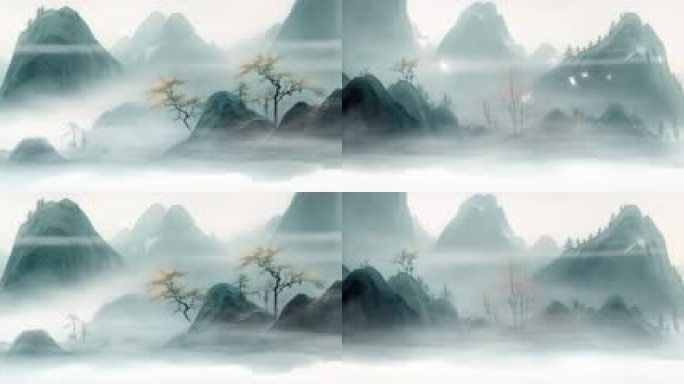 8K宽屏青色水墨山水背景国风意境水墨山水