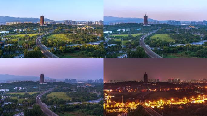 8k_北京园博园永定塔古建筑亮灯日转夜