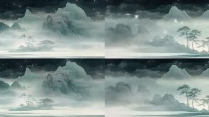 8K宽屏青色水墨山水背景国风意境水墨山水