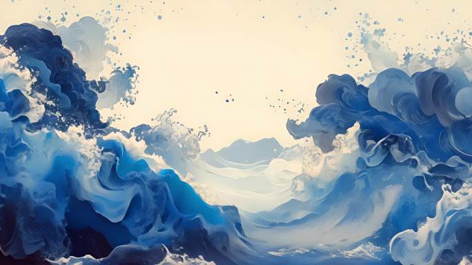 青色水墨 青色手绘浪花 浮世绘浪花