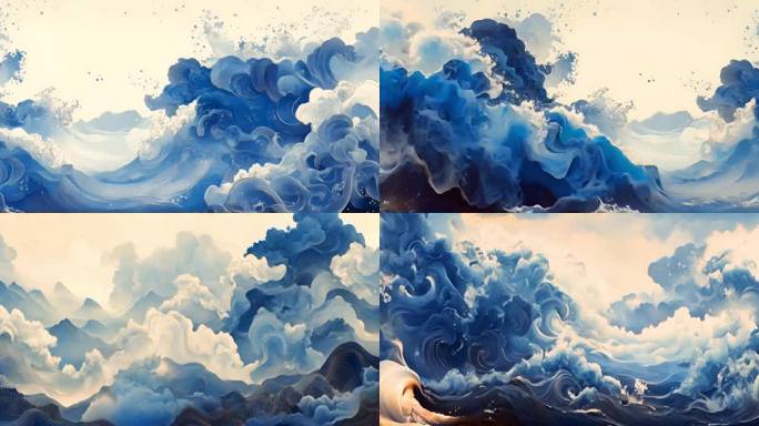 青色水墨 青色手绘浪花 浮世绘浪花