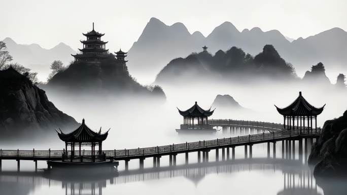 中国风水墨画山水画意境山峰云雾缭绕古典风