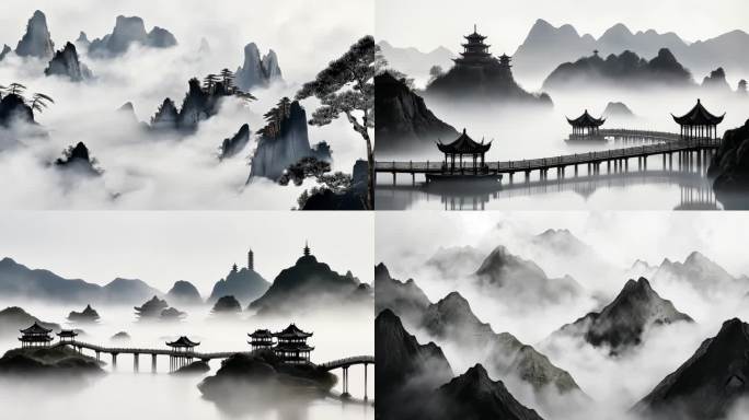 中国风水墨画山水画意境山峰云雾缭绕古典风