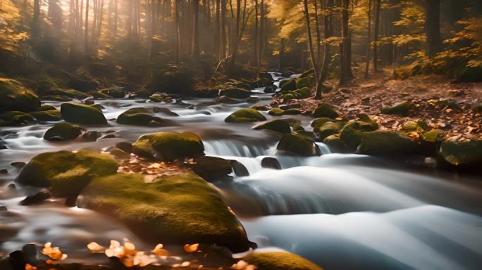 秋天山间溪流水流