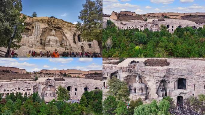 云冈石窟延时摄影航拍大佛视频