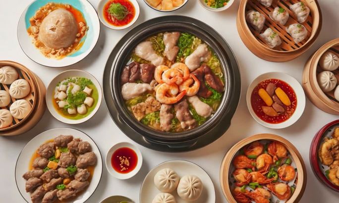 美食叉烧海鲜广式美食意面大餐小笼包