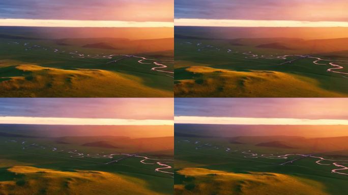 呼伦贝尔草原河湾灿烂晚霞