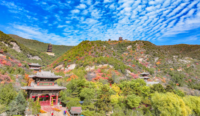 山西太原太山龙泉寺秋季枫叶航拍4K延时