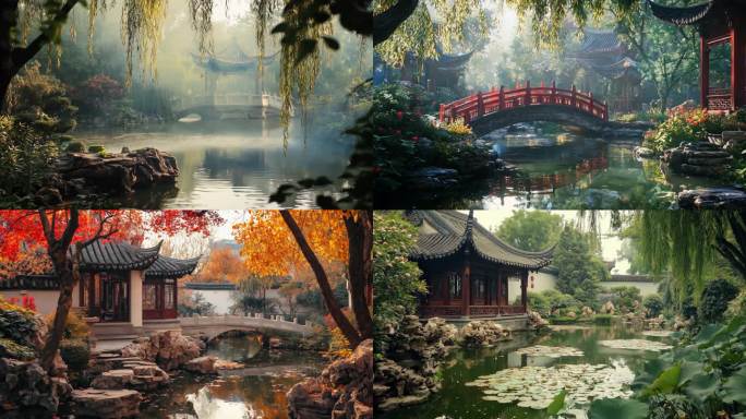 江南园林中式风格亭台楼阁小桥流水假山景观
