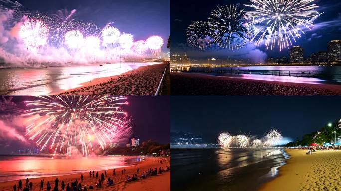 在河边海滩上放烟花
