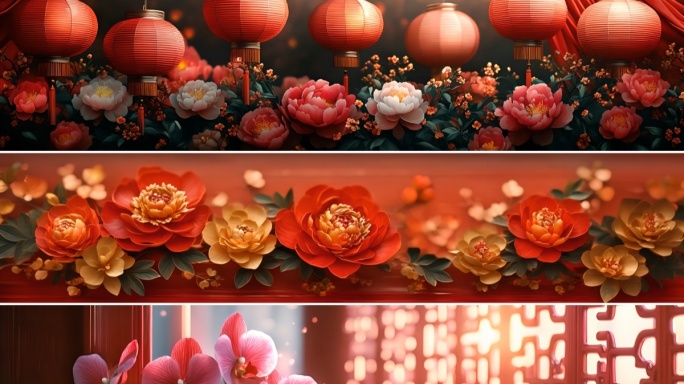 4k宽屏喜庆灯笼花开富贵吉祥背景