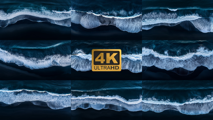 鸟瞰俯视白色海浪冲刷黑色沙滩潮汐长镜头