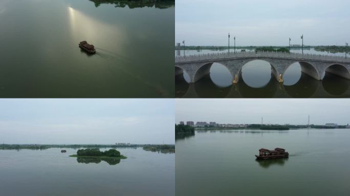 江南水乡 古船在湖泊航行