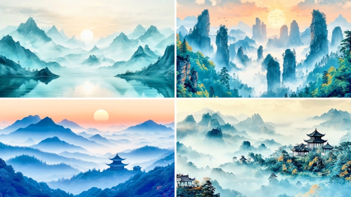 水墨山水国画中国风景国潮意境舞台背景古风
