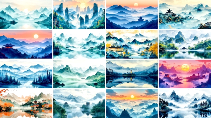 水墨山水国画中国风景国潮意境舞台背景古风