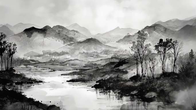 水墨风山水画大气中国风意境山水