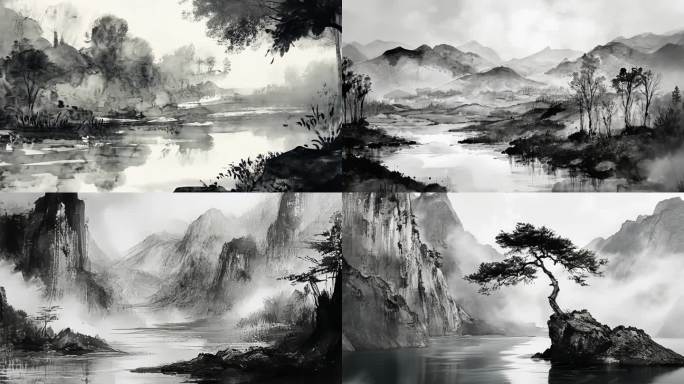 水墨风山水画大气中国风意境山水