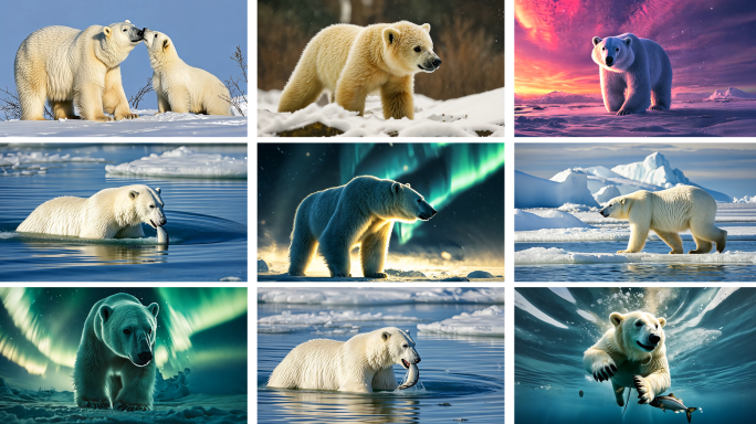 北极夜晚极光下的北极熊母子游泳捕鱼潜水